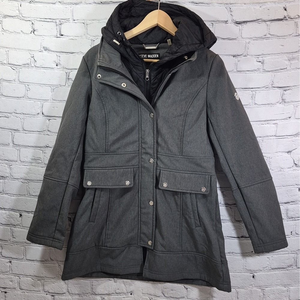 Steve Madden Coat Jacket Womens Small Gray Lined Long Hooded Full Zip Snaps